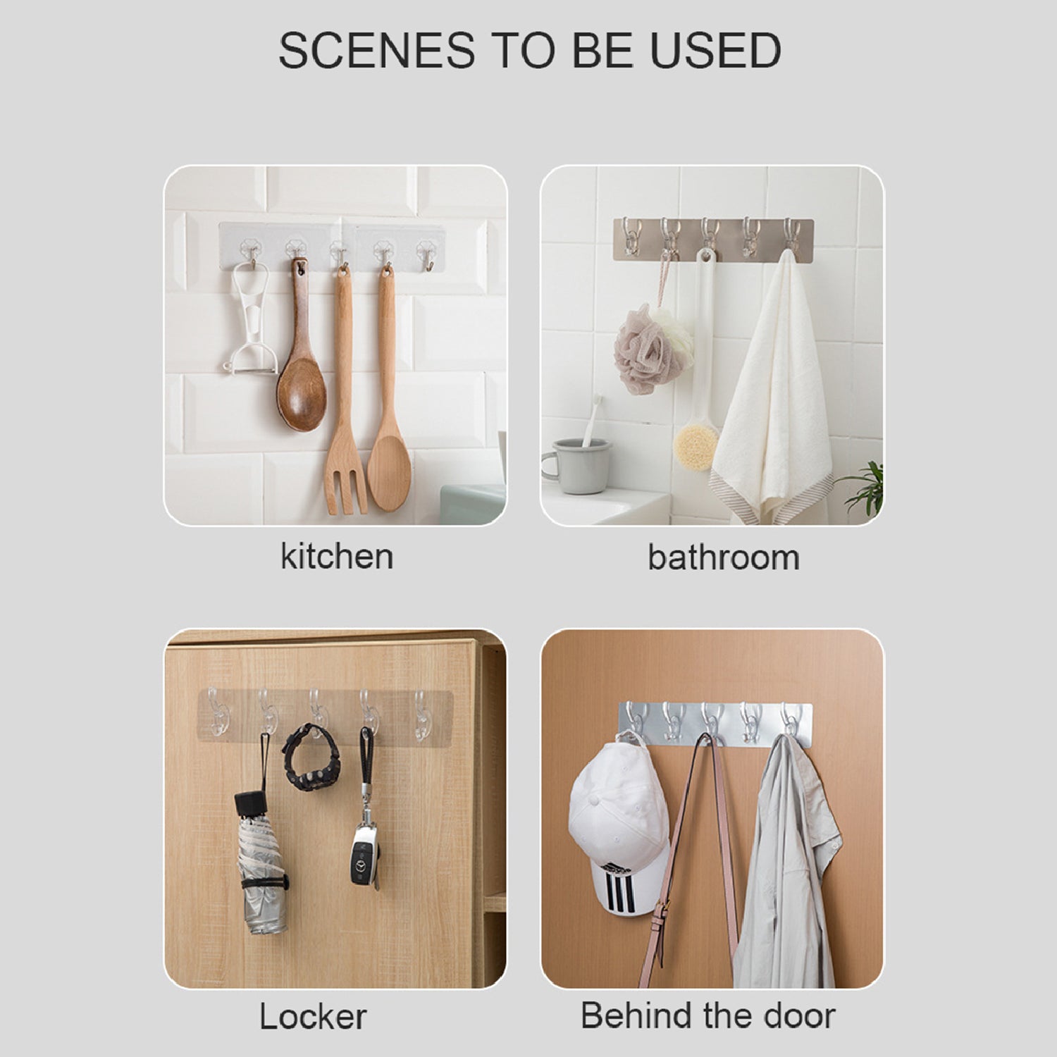 Wukusy 4992 adhesive transparent heavy-duty wall hook attached to a wall, ideal for home improvement and hanging items