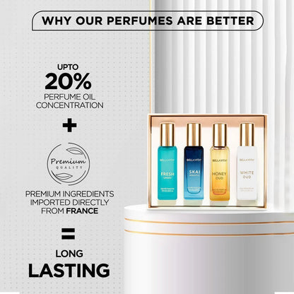 Wukusy Bellavita Premium Luxury Unisex Perfume Gift Set with four 20ml bottles, elegant packaging with various fragrance options.