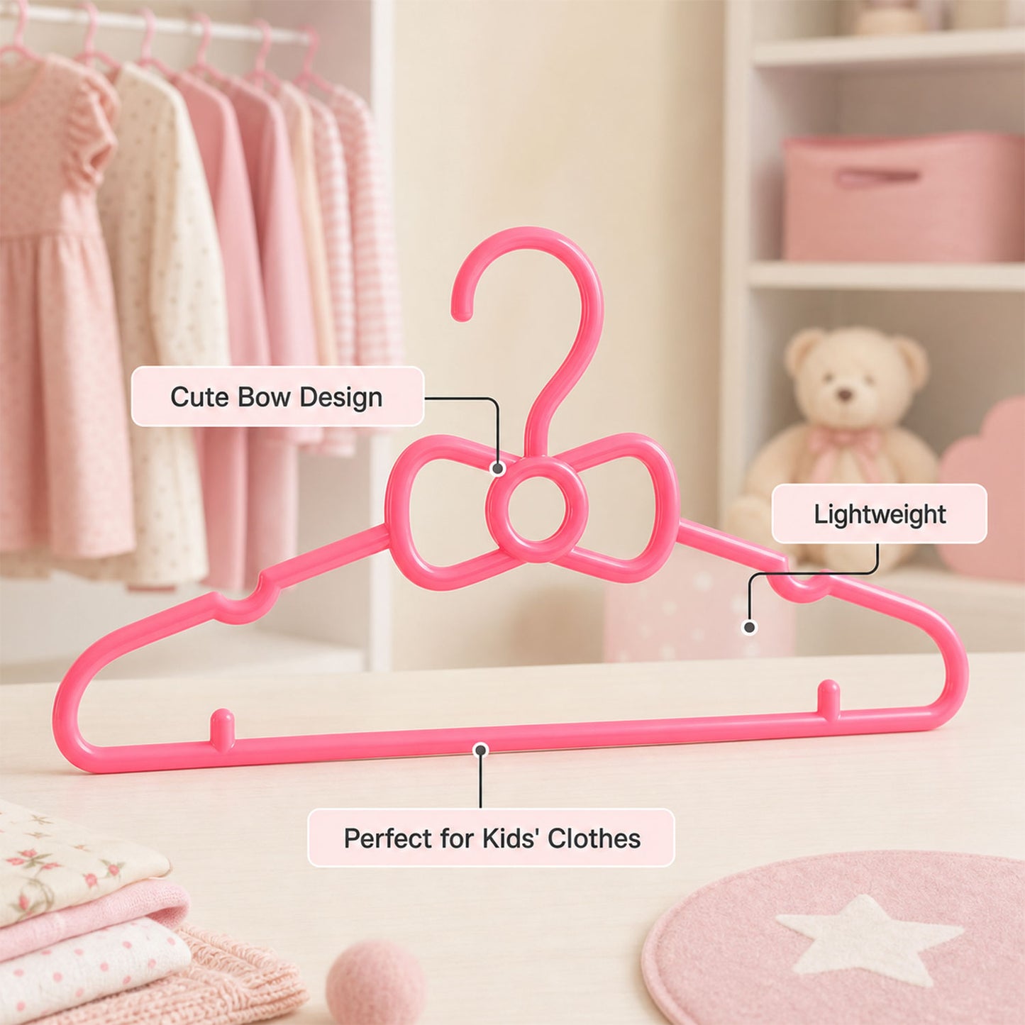 Set of four Wukusy kids plastic clothes hangers with cute bow design, ideal for baby wardrobe organization.