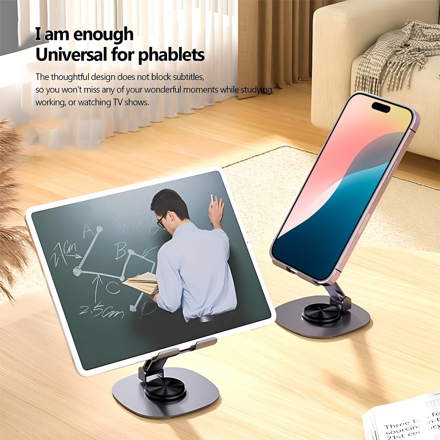 Foldable Wukusy mobile stand with 360-degree rotation, showing its adjustable design and sturdy base for hands-free use.