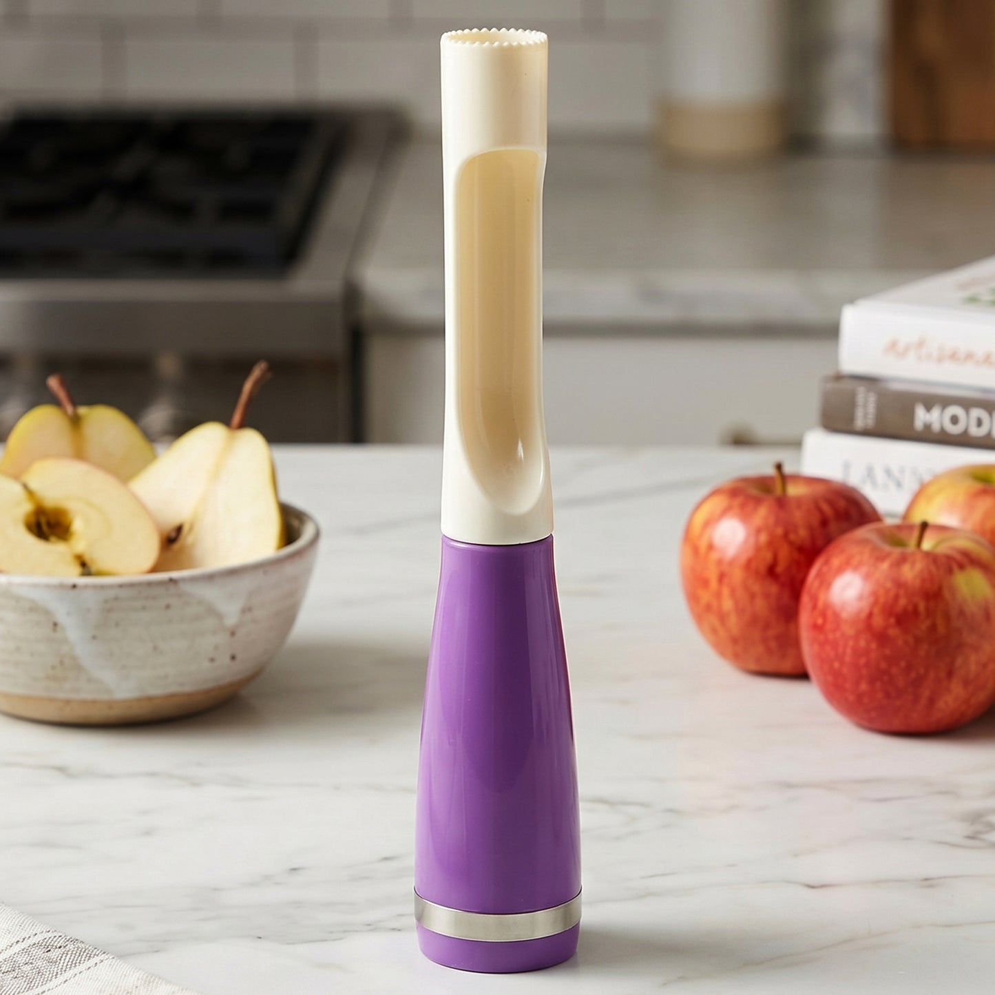 Wukusy multipurpose apple cutter and corer tool with stainless steel blades, used for slicing, peeling, and coring apples and fruits.