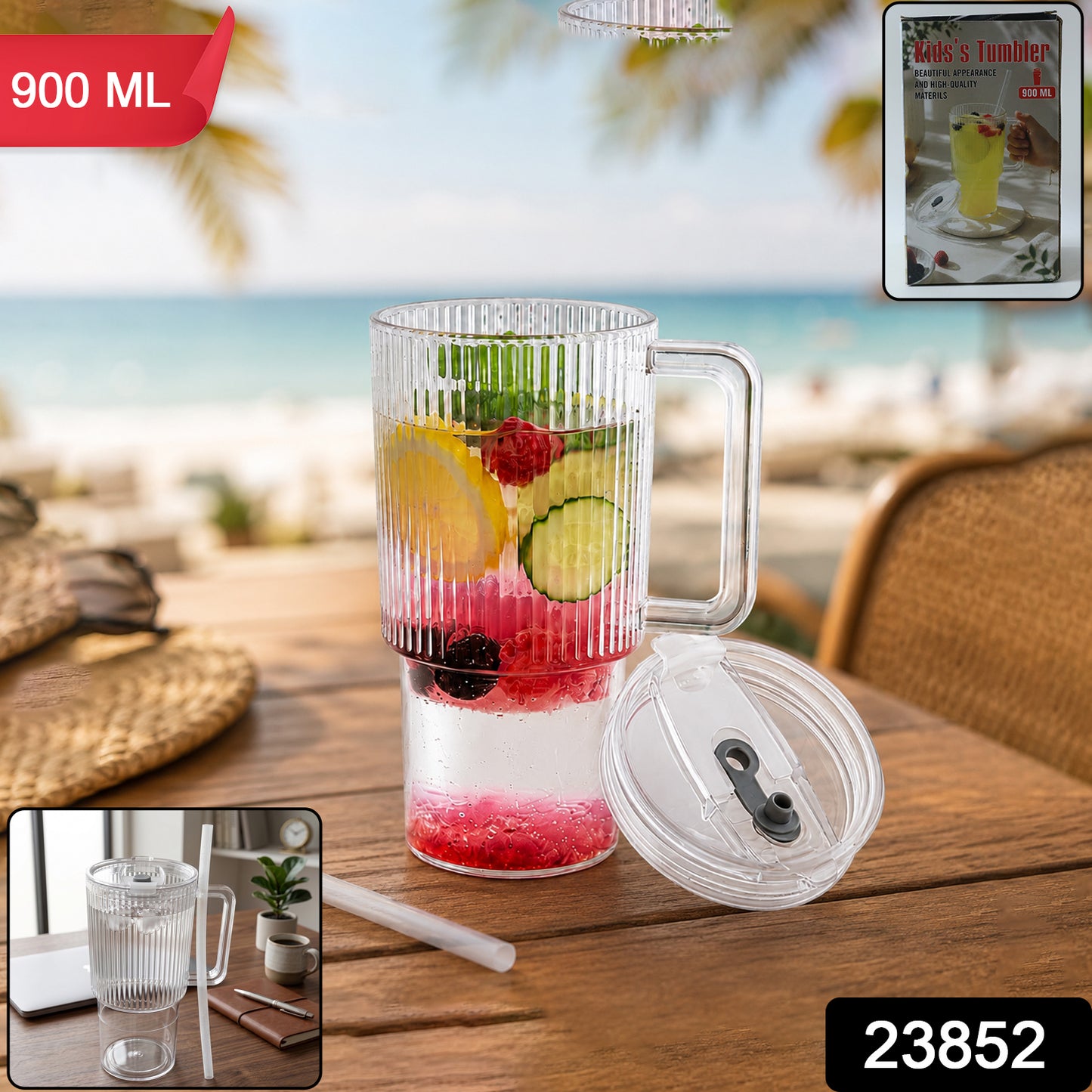 Kids 900ml tumbler with handle, lid, and straw by Wukusy, featuring a ribbed water sipper cup design.