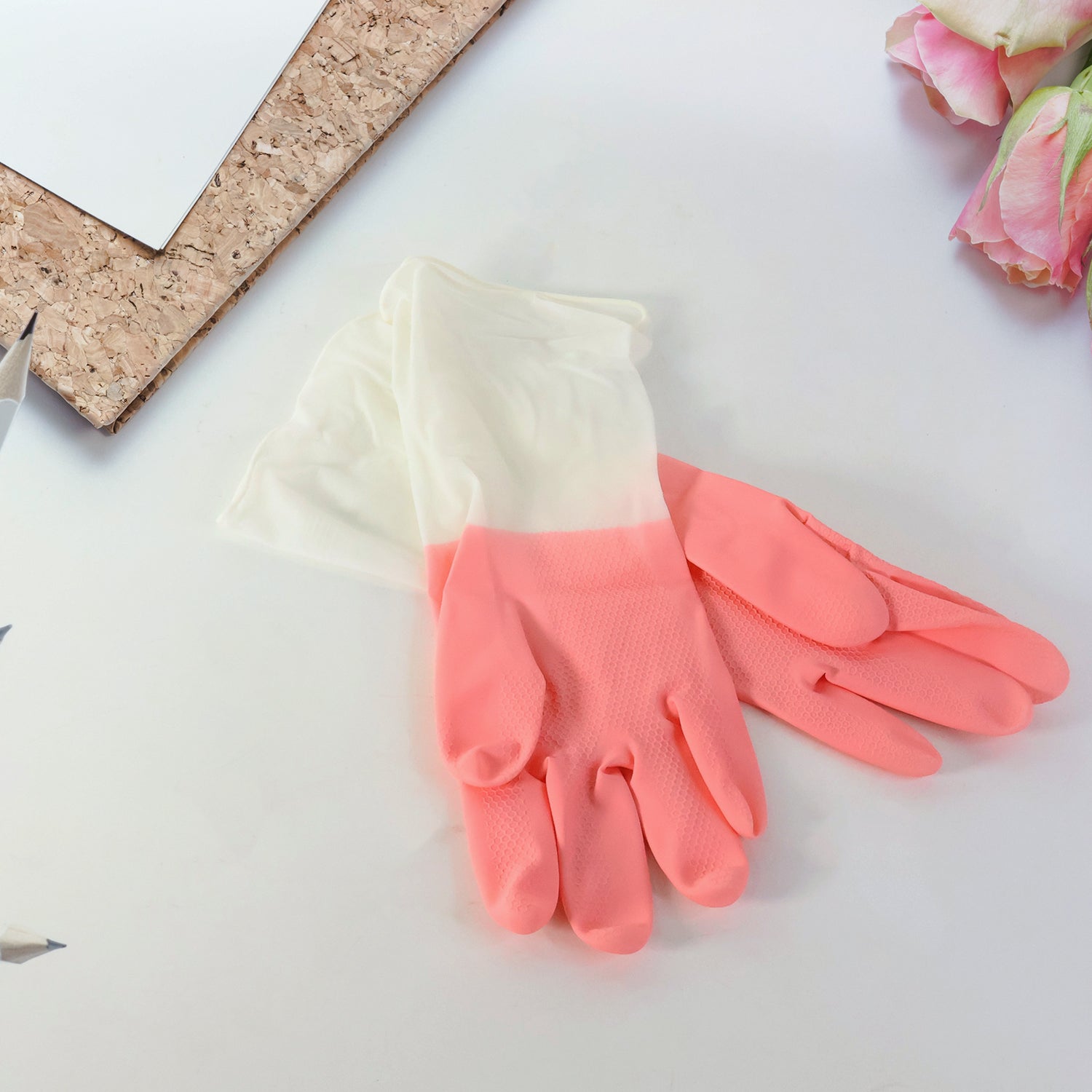 Pair of Wukusy medium reusable long-cuff household cleaning gloves, durable and suitable for home cleaning tasks.
