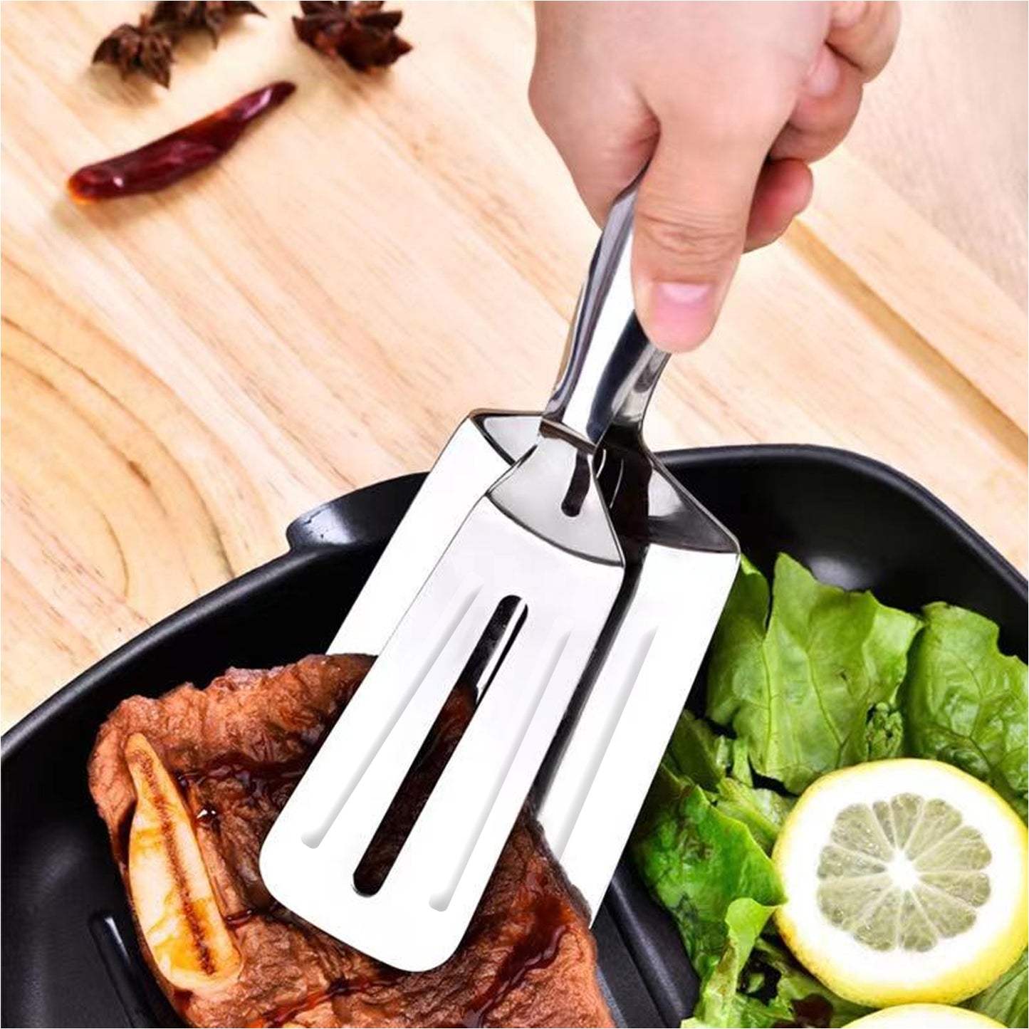 Wukusy 2919 multifunction cooking and serving turner with stainless steel food tongs for frying, grilling, and kitchen use