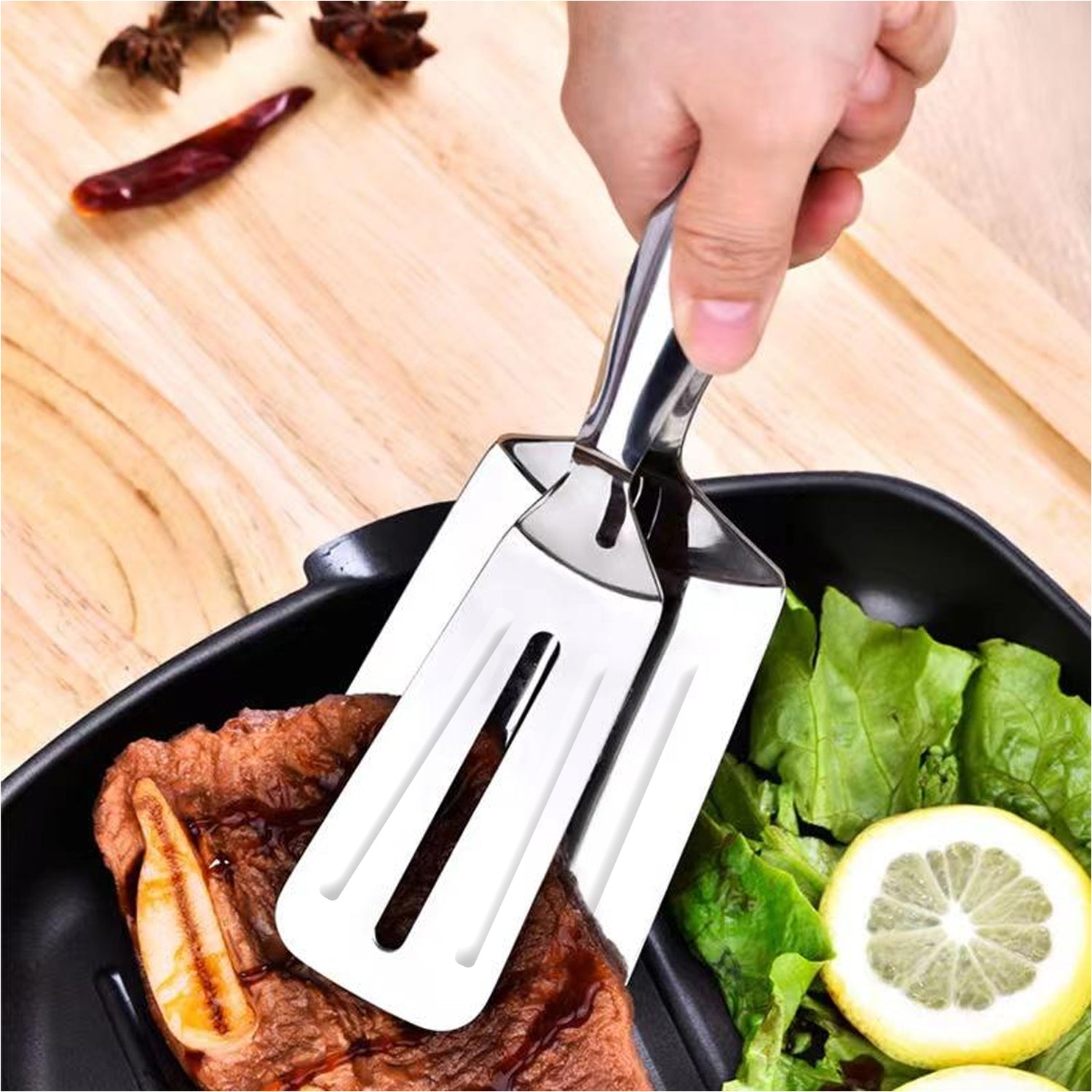 Wukusy 2919 multifunction cooking and serving turner with stainless steel food tongs for frying, grilling, and kitchen use