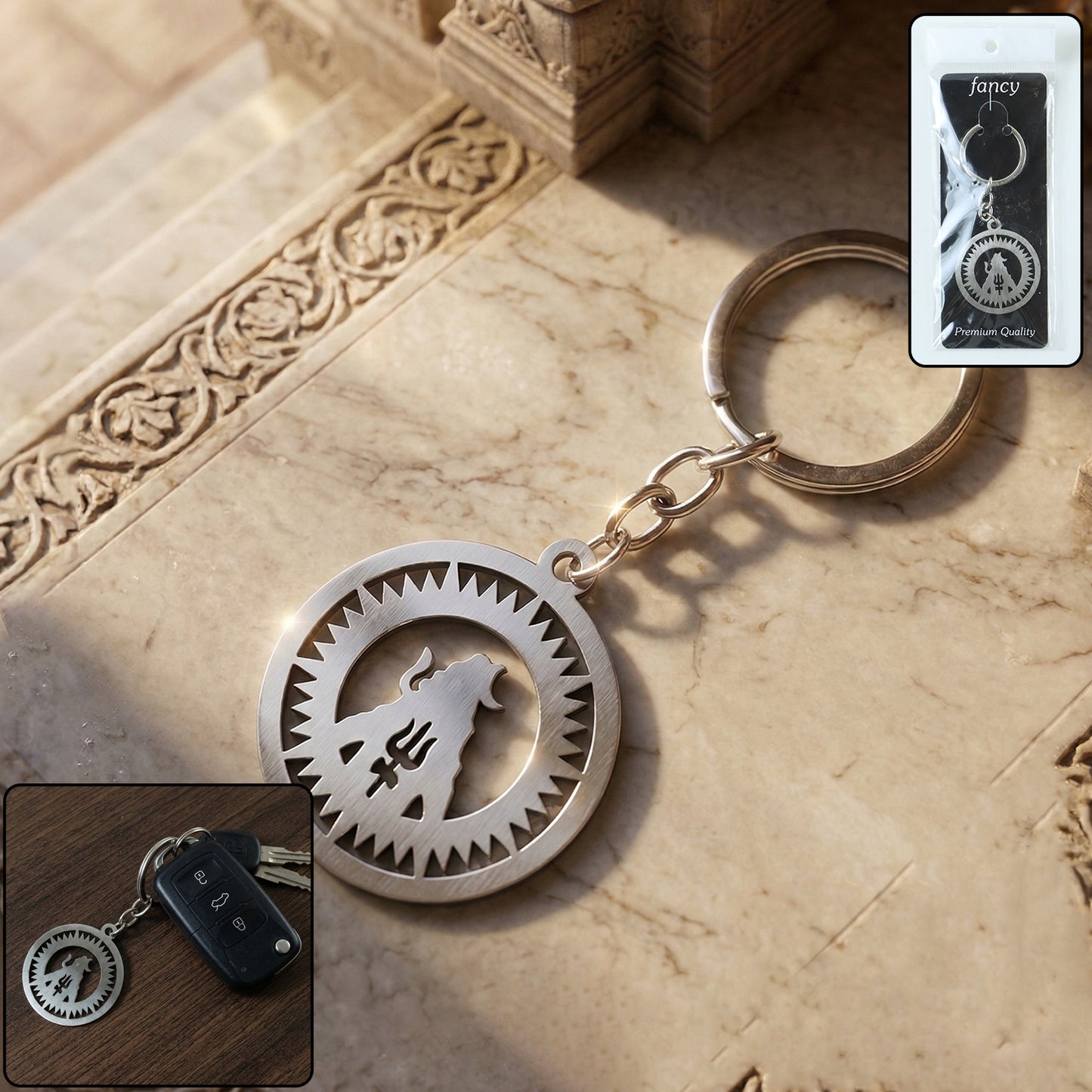 Round metal Mahakal keychain by Wukusy featuring intricate design, ideal for keys or as a decorative accessory