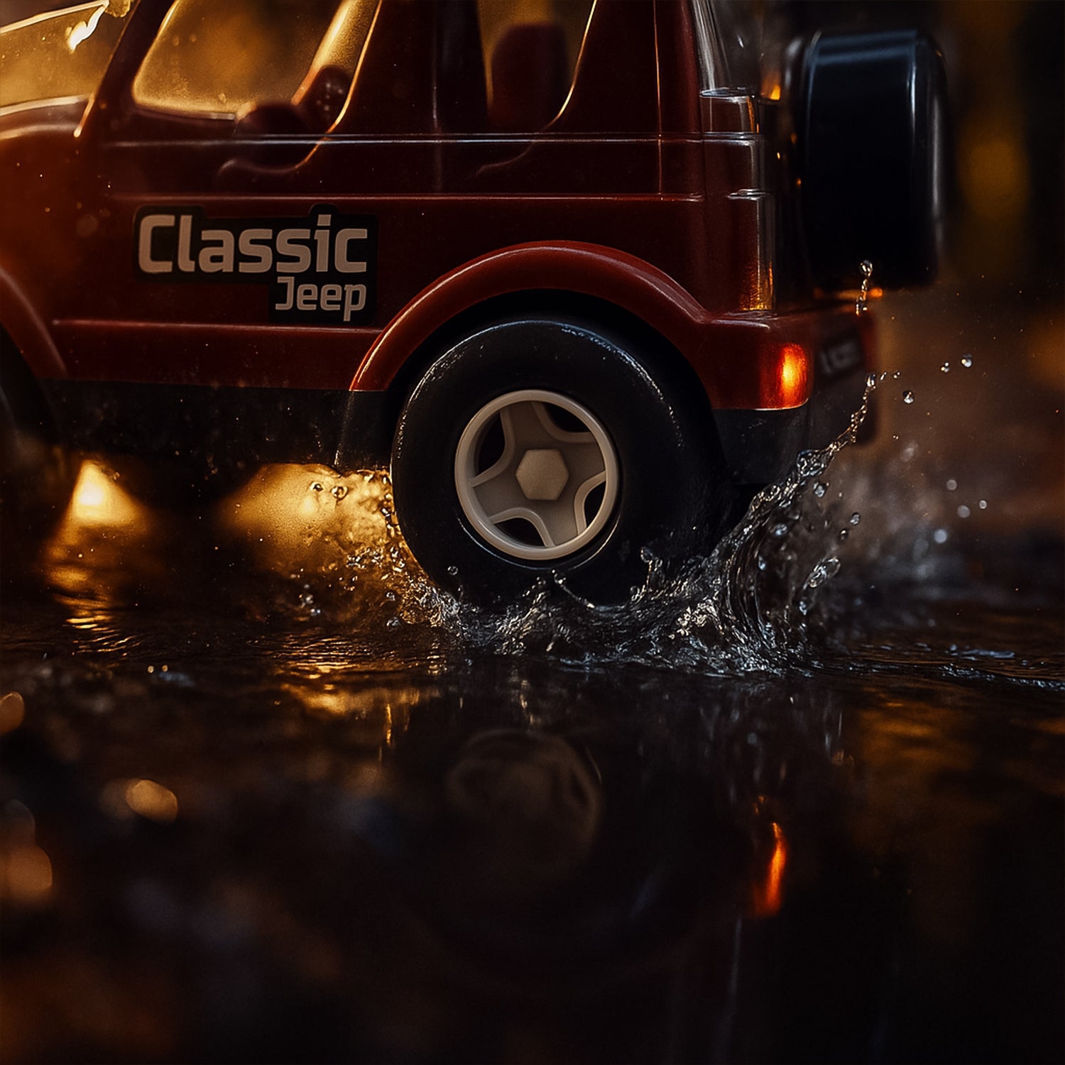 Friction-powered classic Jeep toy car for kids by Wukusy, shown in green with open doors and rugged design, suitable for young children.