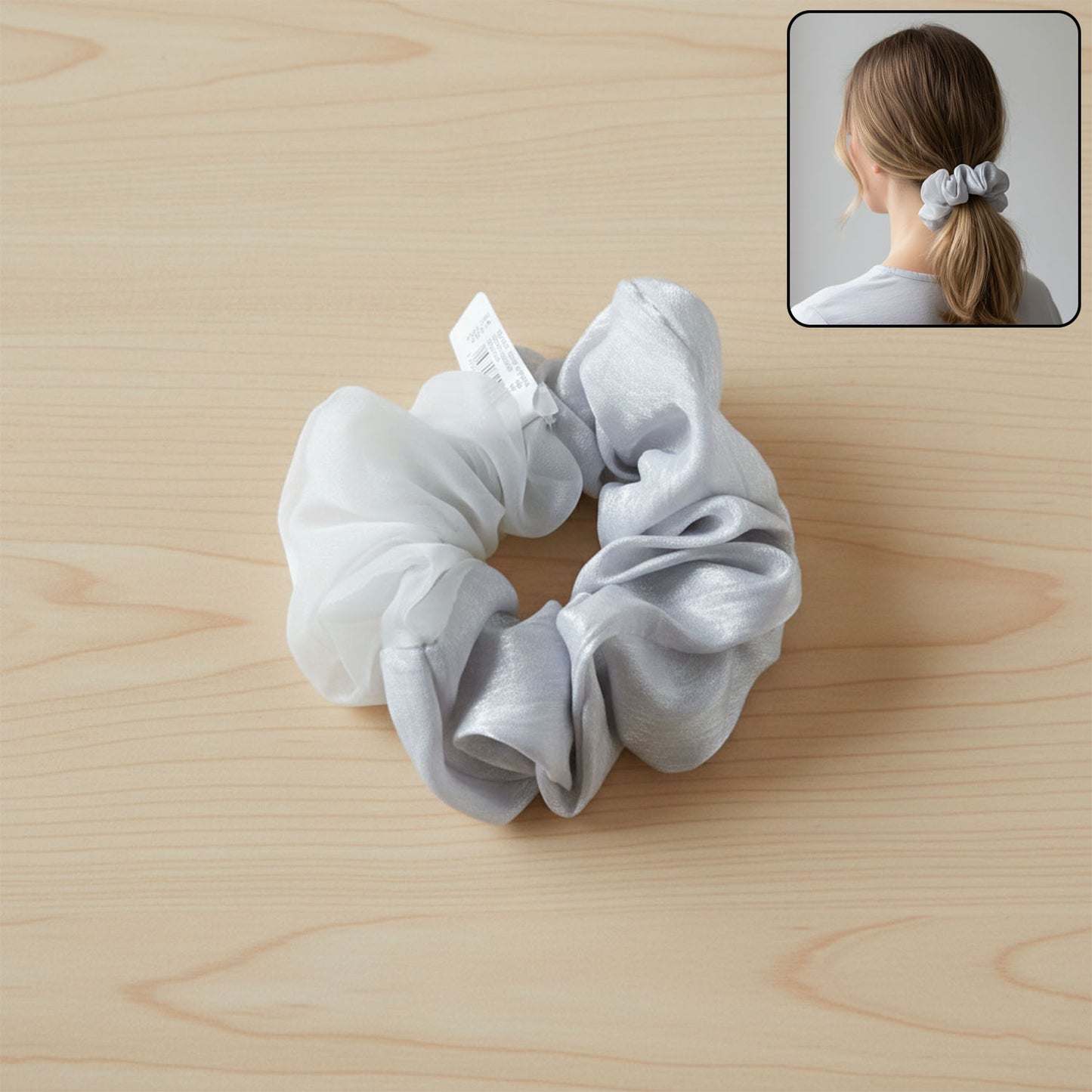Wukusy dual-tone satin mesh fabric hair scrunchie on a hair elastic, showcasing smooth satin and mesh textures for stylish hair accessories