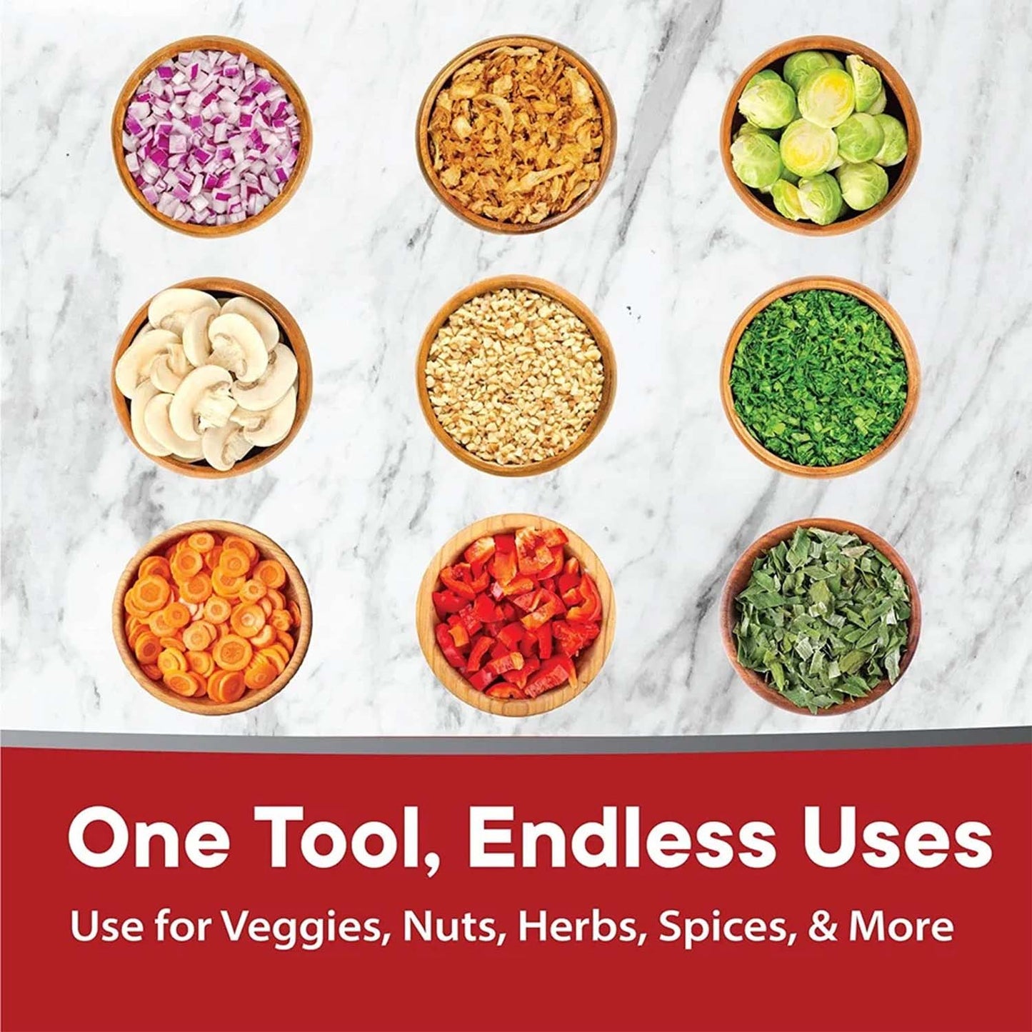 Wukusy Slap Chop hand press vegetable and fruit chopper showing the compact kitchen tool with chopped produce in a bowl