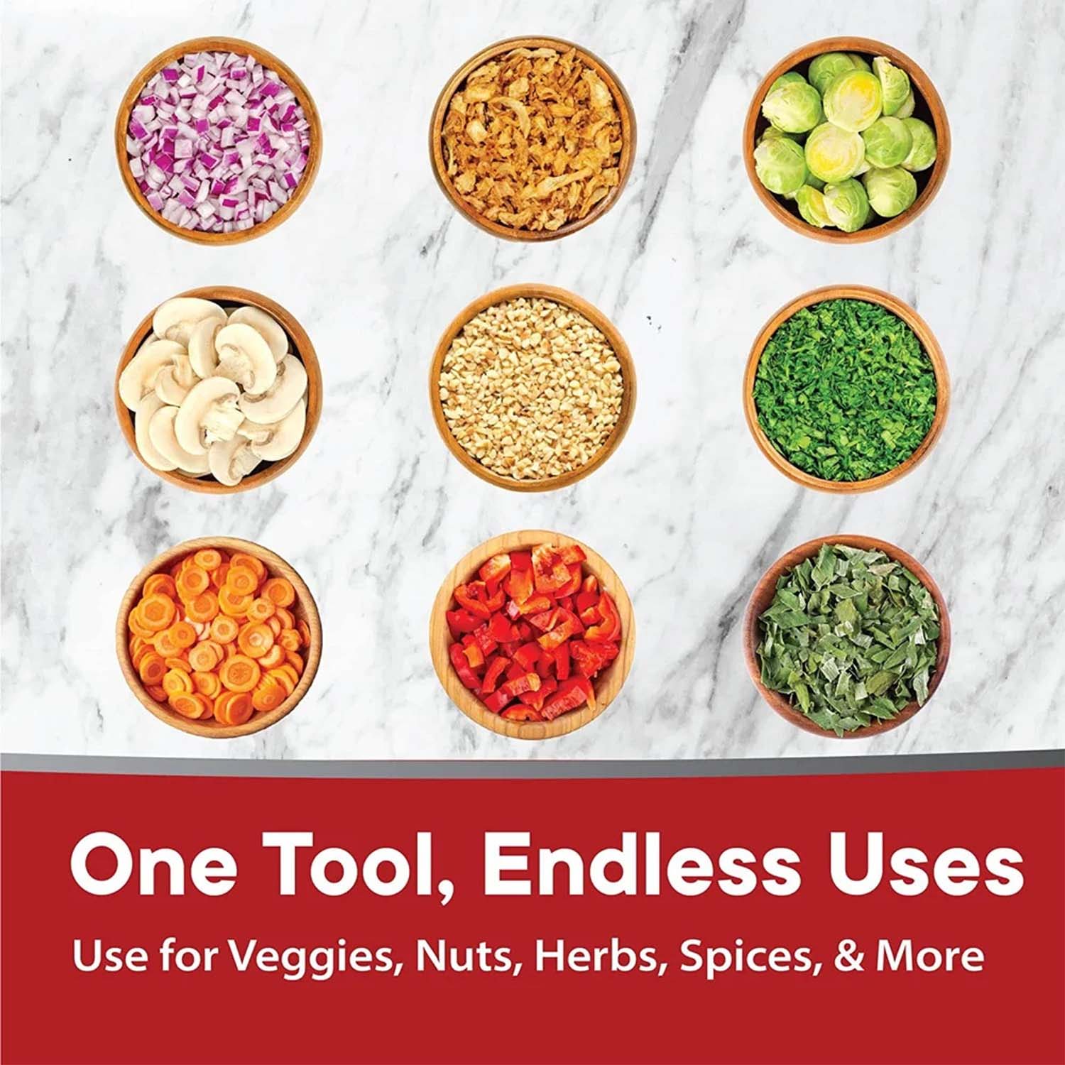 Wukusy Slap Chop hand press vegetable and fruit chopper showing the compact kitchen tool with chopped produce in a bowl