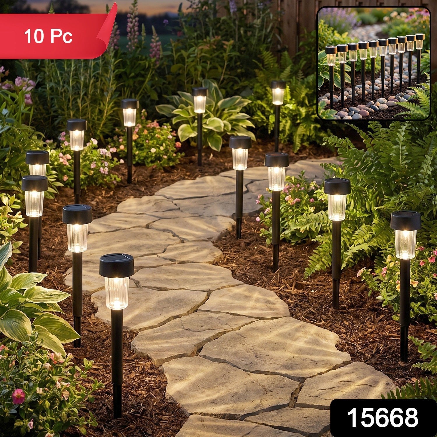 Wukusy solar pathway lights 10-piece outdoor garden stake set with waterproof LED lights illuminating a garden pathway.