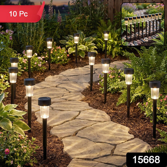Wukusy solar pathway lights 10-piece outdoor garden stake set with waterproof LED lights illuminating a garden pathway.