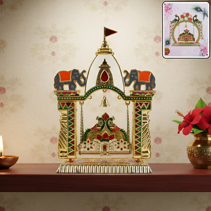 Traditional decorative Pooja Jhula Mandir by Wukusy, featuring intricate wooden design and ornate carvings for spiritual rituals.