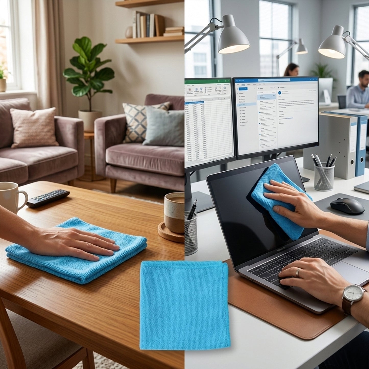 Set of four Wukusy microfiber cleaning cloths, 28x29 cm, soft and absorbent for effective cleaning and dusting.