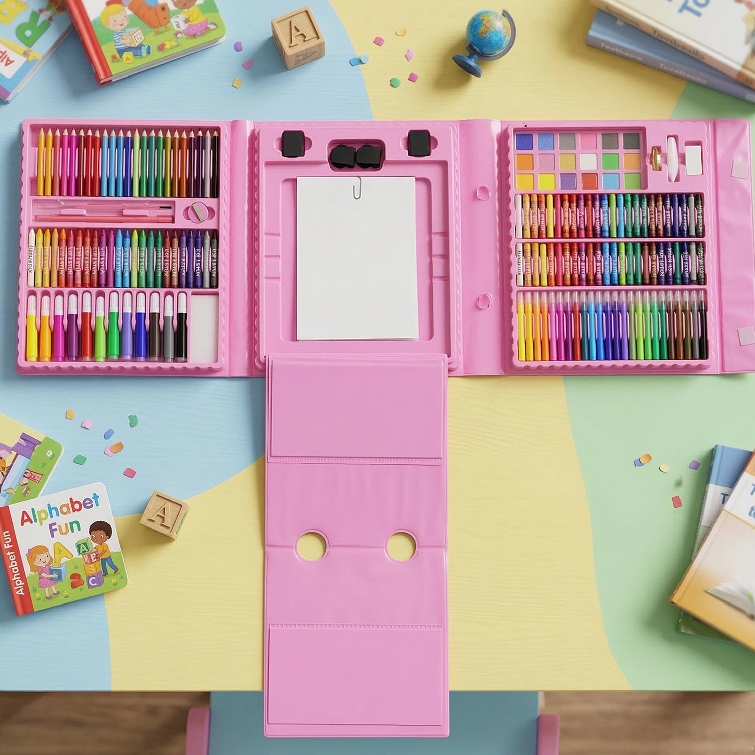 Wukusy Super Mega Art craft drawing coloring kit with 208 pieces including crayons, markers, and sketching supplies.