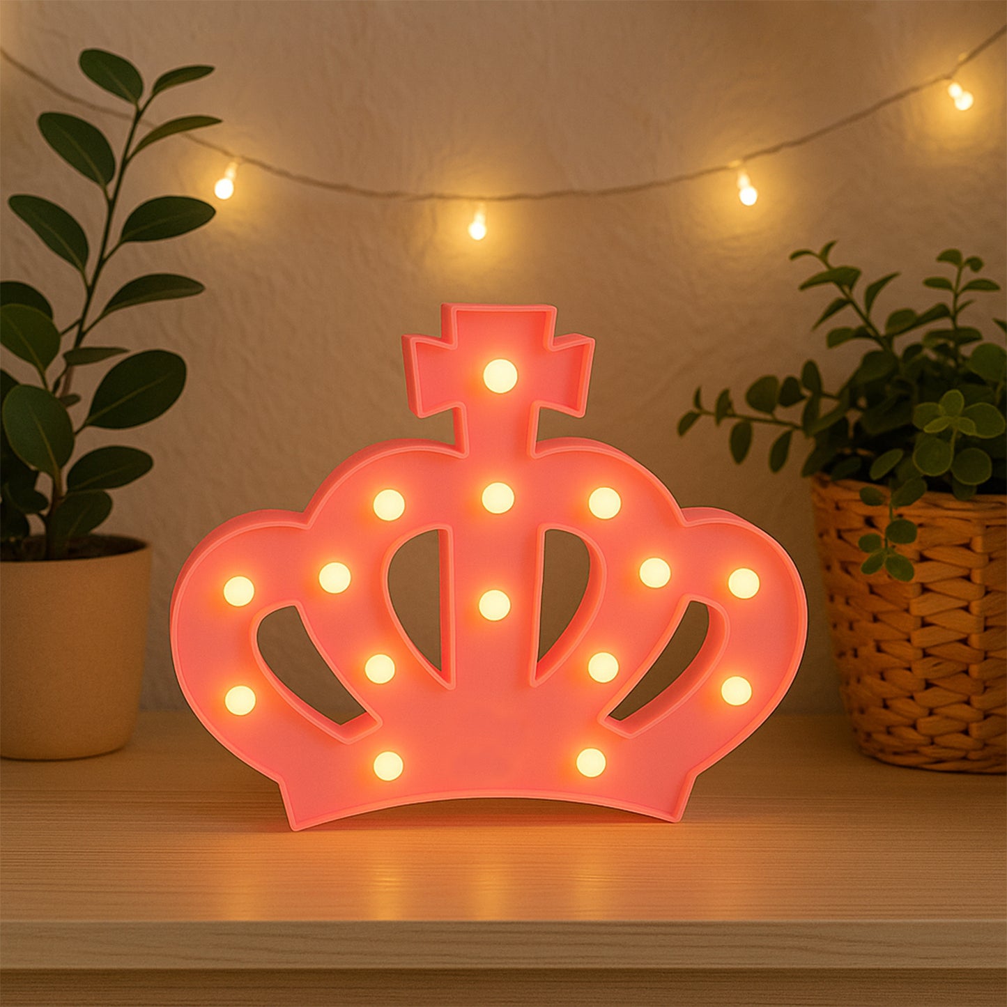 Wukusy crown-shaped LED night light used as home decor, glowing softly with warm light on a bedside table.