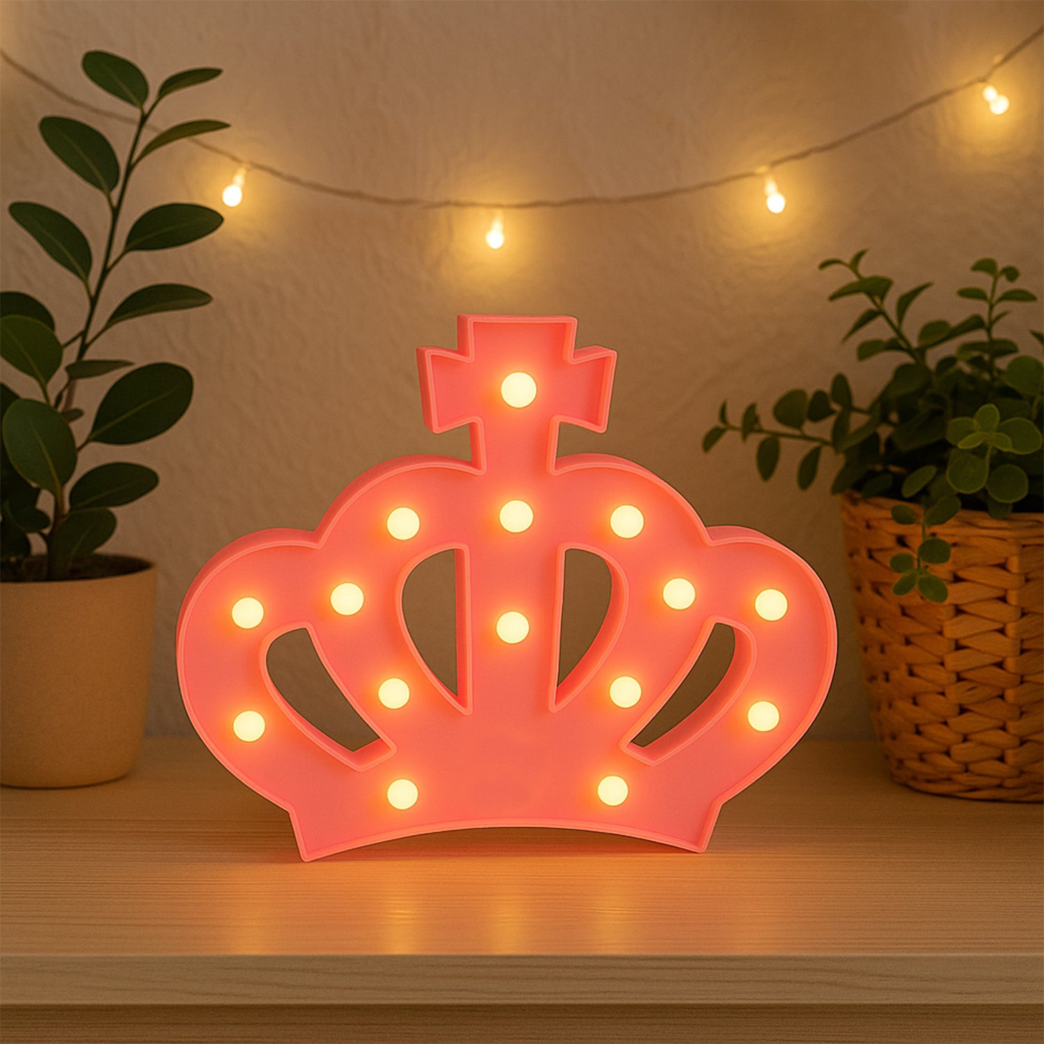 Wukusy crown-shaped LED night light used as home decor, glowing softly with warm light on a bedside table.
