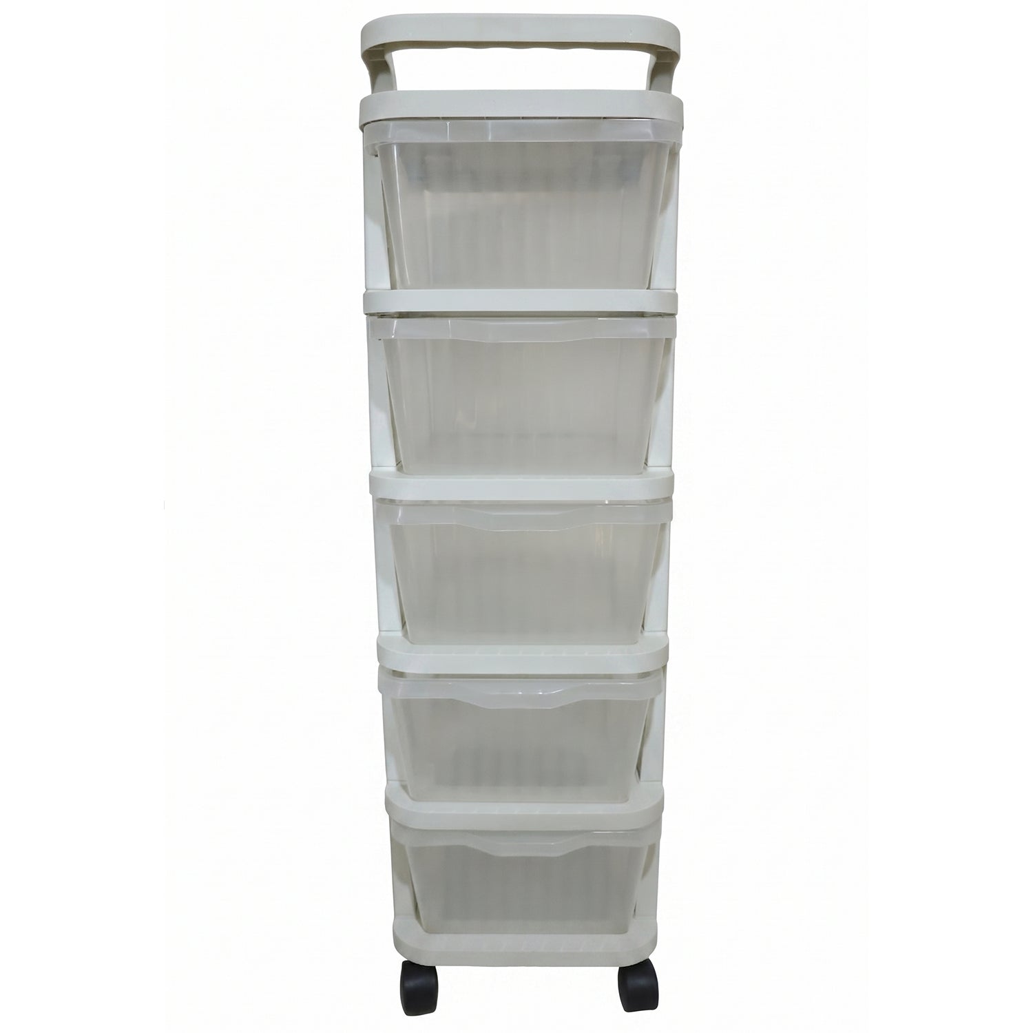 Wukusy 5-layer plastic storage drawer rack with wheels for home organization, featuring multiple drawers for versatile storage.
