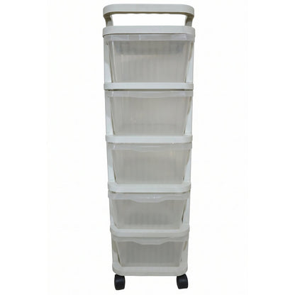 Wukusy 5-layer plastic storage drawer rack with wheels for home organization, featuring multiple drawers for versatile storage.