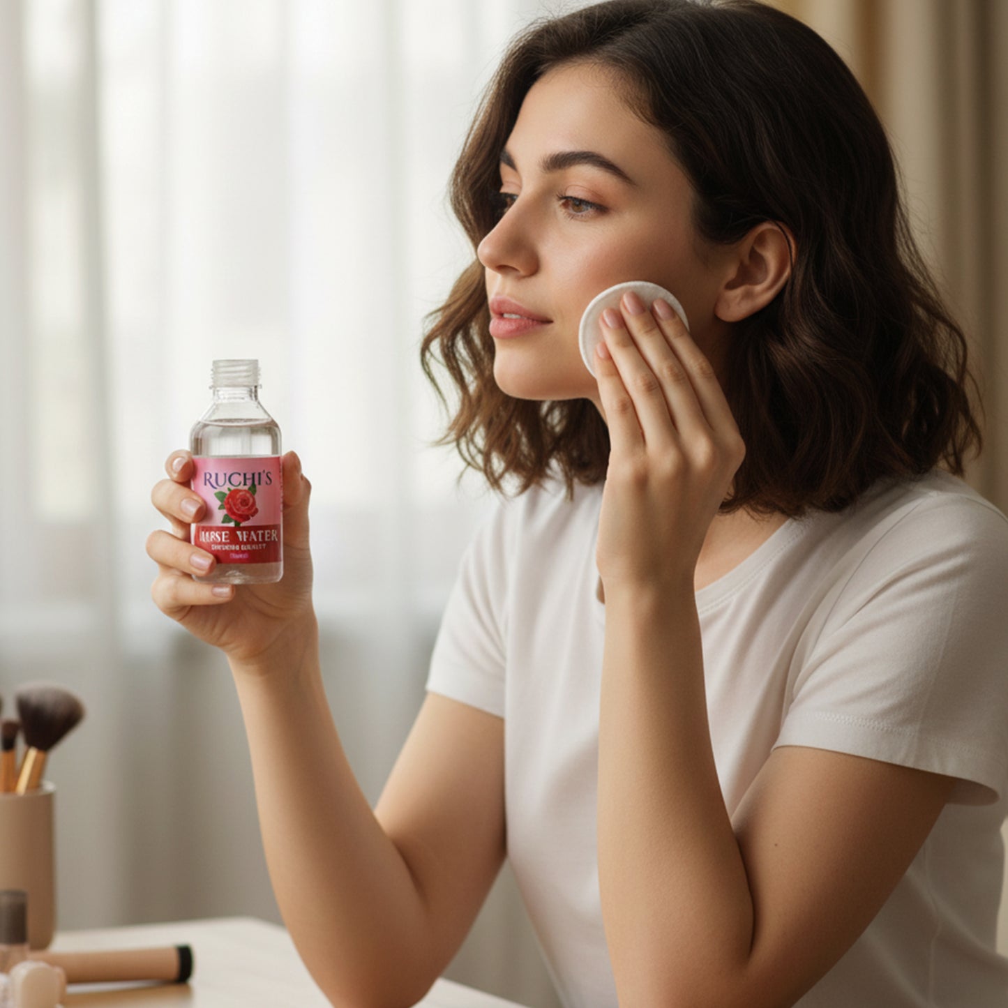Wukusy premium rose water skin toner and face mist in a 100ml spray bottle, fresh rose petals visible on the product.