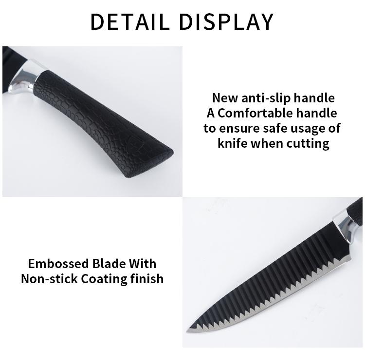 Wukusy 6-piece stainless steel knife set with chef peeler and scissors for kitchen use, displayed on a wooden countertop.