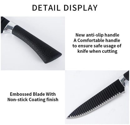 Wukusy 6-piece stainless steel knife set with chef peeler and scissors for kitchen use, displayed on a wooden countertop.