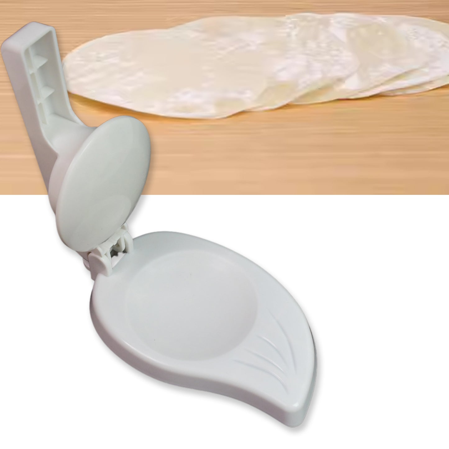 Wukusy 7192 Puri Chapati Press Machine made of plastic, kitchen tool for making flat Indian bread, shown on a countertop.