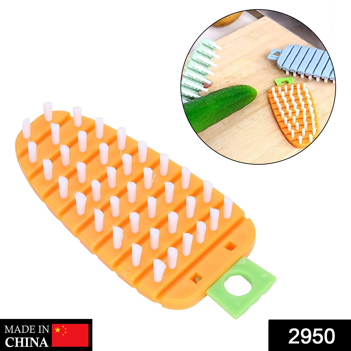 Wukusy vegetable scrubbing brush in carrot shape for cleaning potatoes, vegetables, and fruits, made from non-toxic materials.