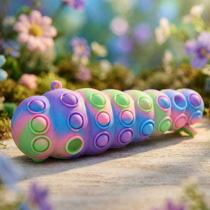 Rainbow Caterpillar Pop It Toy by Wukusy featuring colorful silicone bubbles for sensory fun and stress relief.