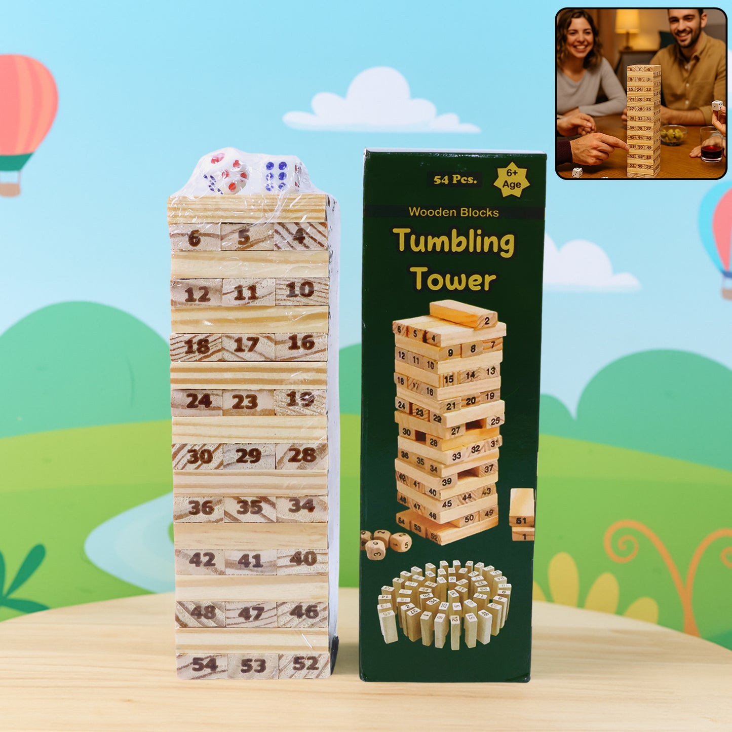 Wukusy Tumbling Tower wooden blocks game set with stacked natural wood blocks for fun stacking and balancing play