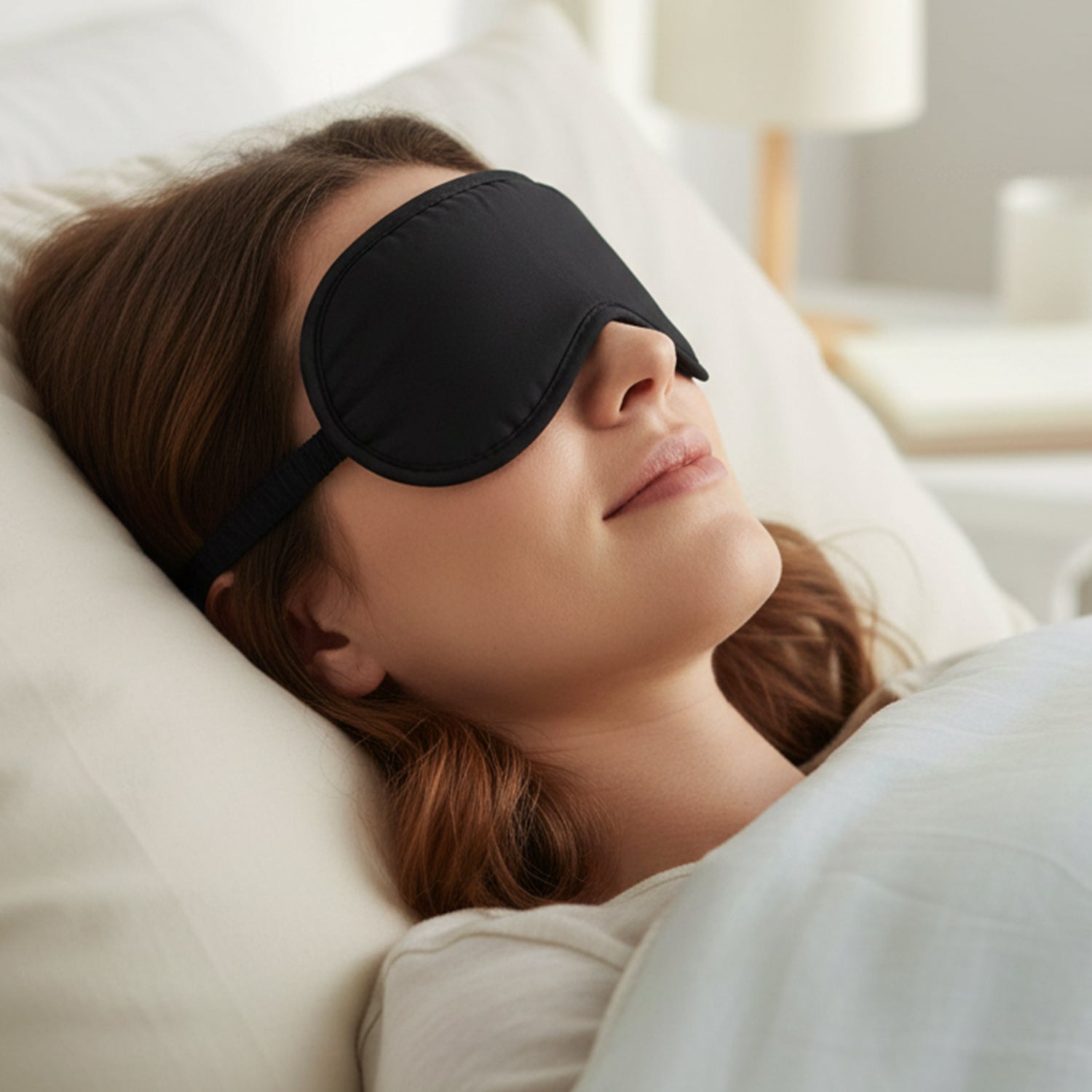 Soft padded sleep eye mask by Wukusy, designed for comfort and light blocking, shown in a relaxed resting position.