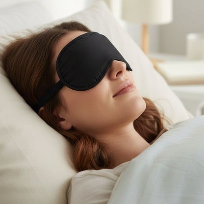 Soft padded sleep eye mask by Wukusy, designed for comfort and light blocking, shown in a relaxed resting position.