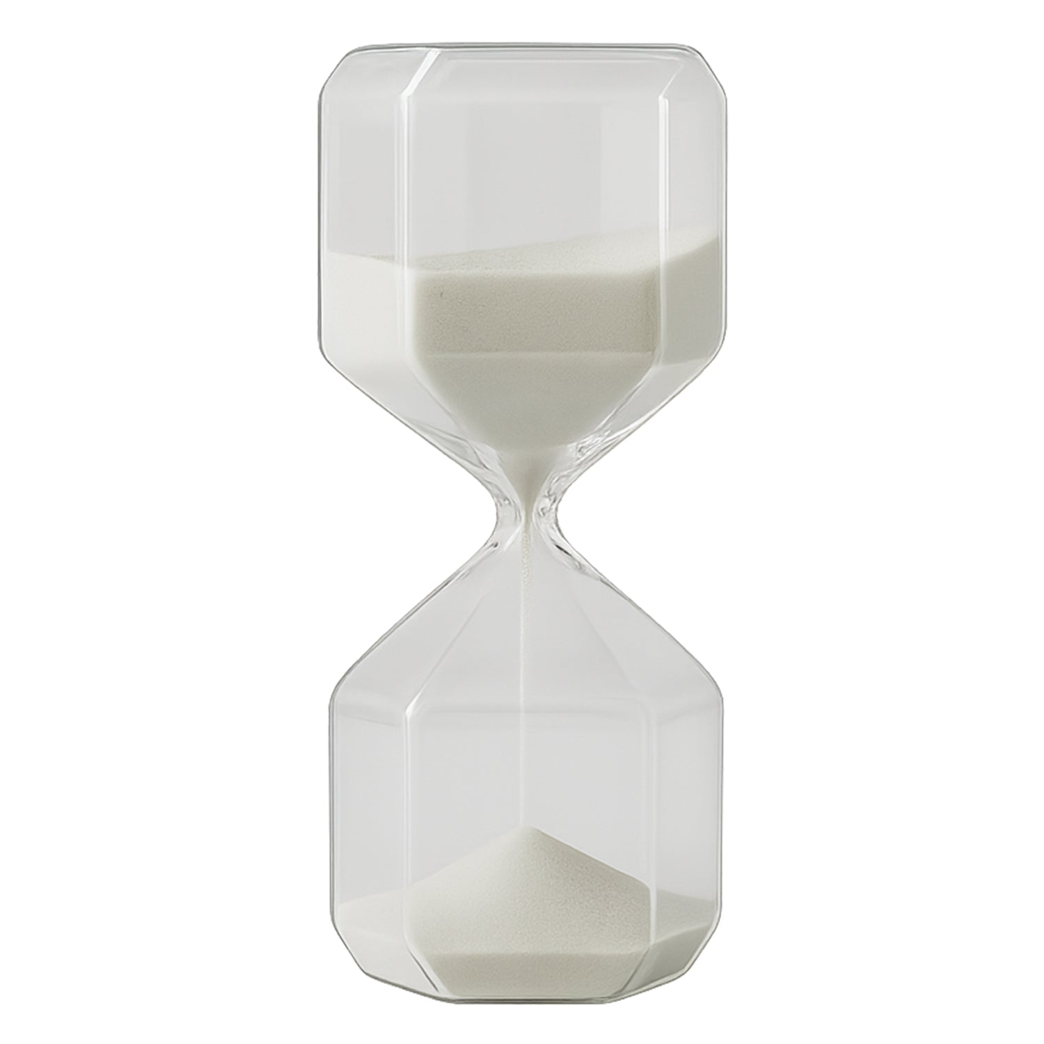 Elegant glass hourglass sand timer for office use by Wukusy, showcasing a sleek, transparent design with flowing sand inside.