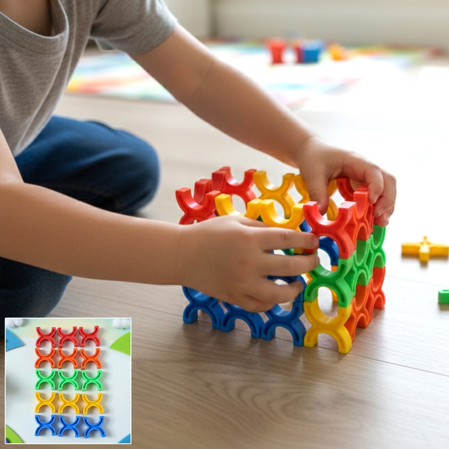 Colorful Wukusy balanced interlocking stacking toy blocks arranged in a playful pattern on a white background.