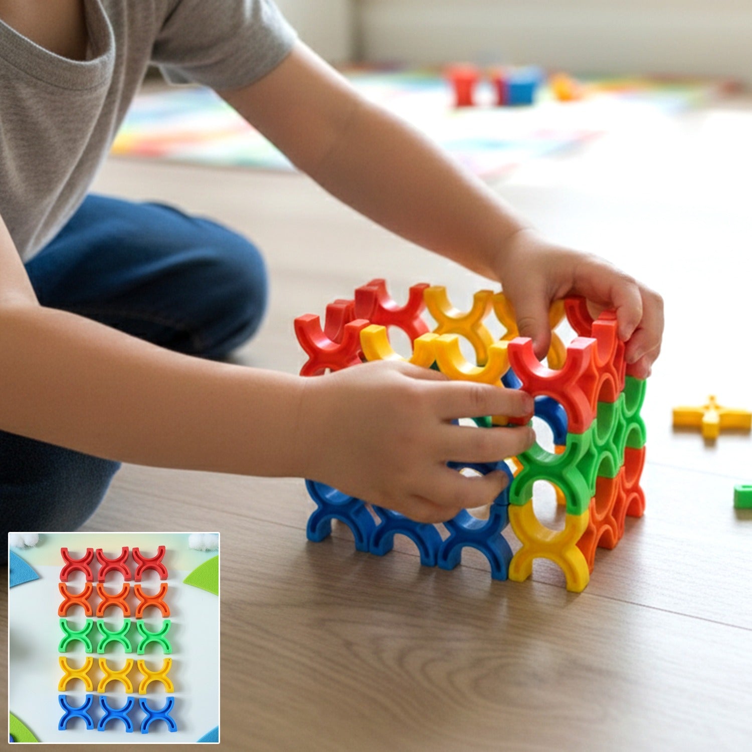 Colorful Wukusy balanced interlocking stacking toy blocks arranged in a playful pattern on a white background.