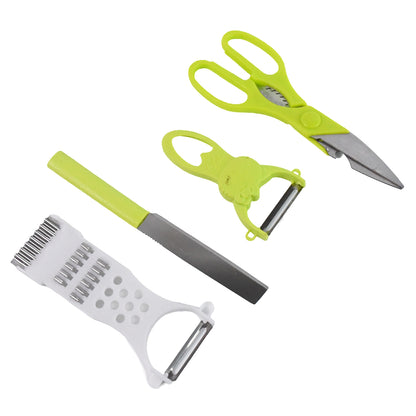 Wukusy 4-piece kitchen cutting set with scissors, peeler, grater, slicer, and knife for versatile food prep in home kitchen.