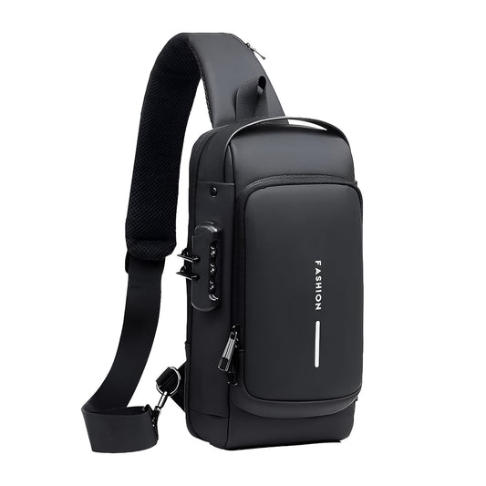 Wukusy trendy travel crossbody sling bag with anti-theft design and built-in USB charging port, shown in black fabric with adjustable strap