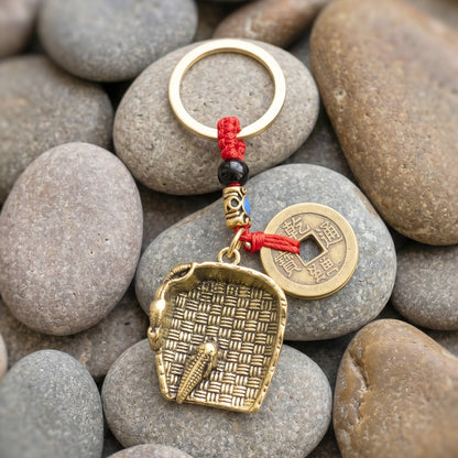 Copper plated dustpan pendant keychain with lucky coin and bag charm, Feng Shui accessory by Wukusy.