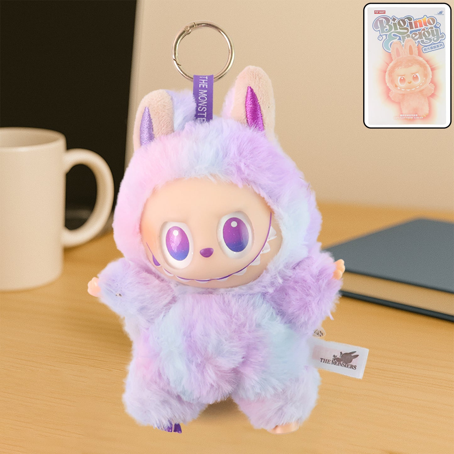 Light purple plush cartoon toy keychain with hook, colorful plush design, by Wukusy, perfect for keys or bags.