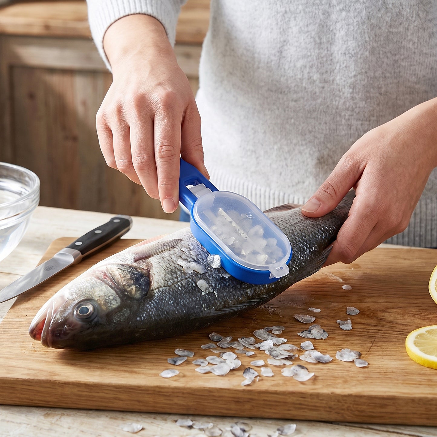 Wukusy fish scaler scraper with lid, skin remover tool for kitchen, designed for cleaning and scaling fish efficiently.