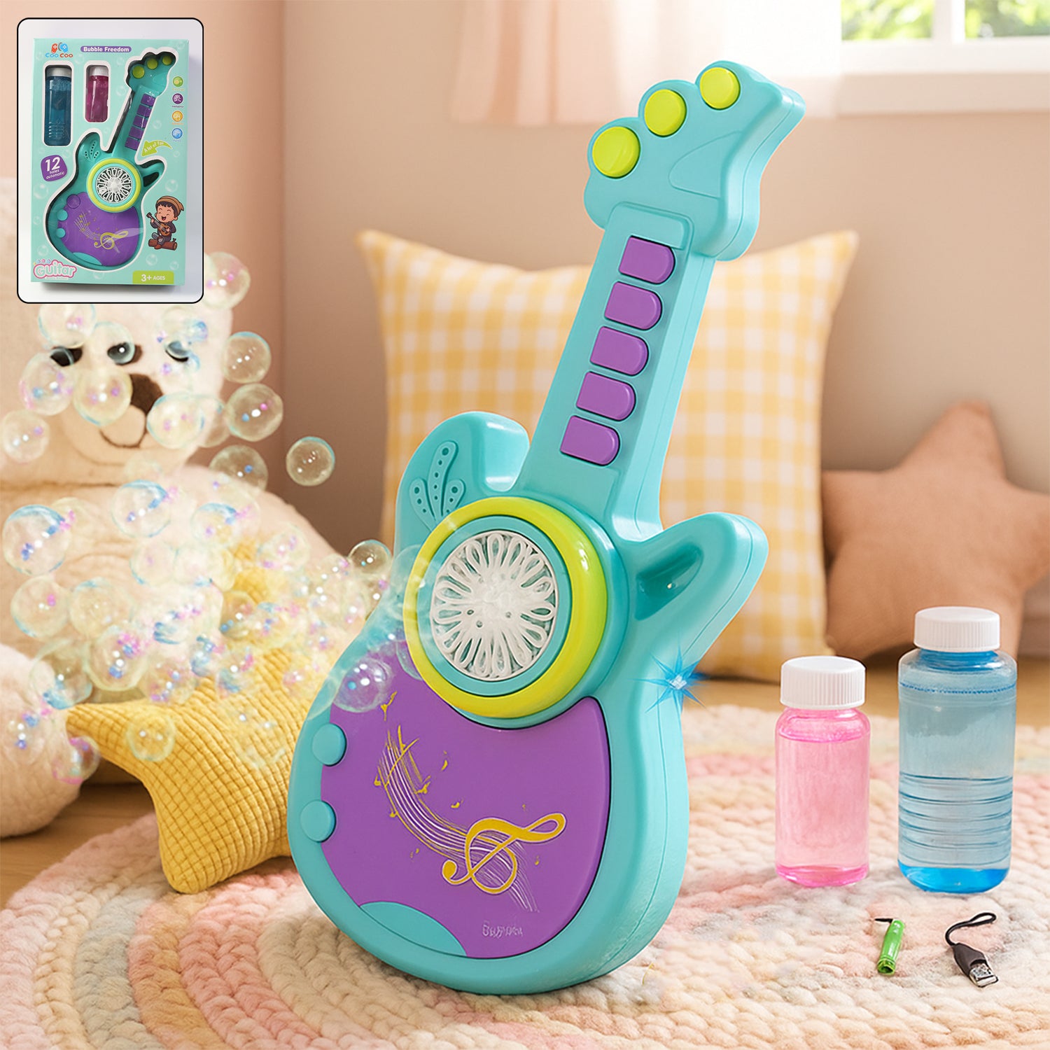 Electric automatic guitar-shaped bubble machine set by Wukusy creating bubbles with a guitar design, ideal for kids' outdoor fun.