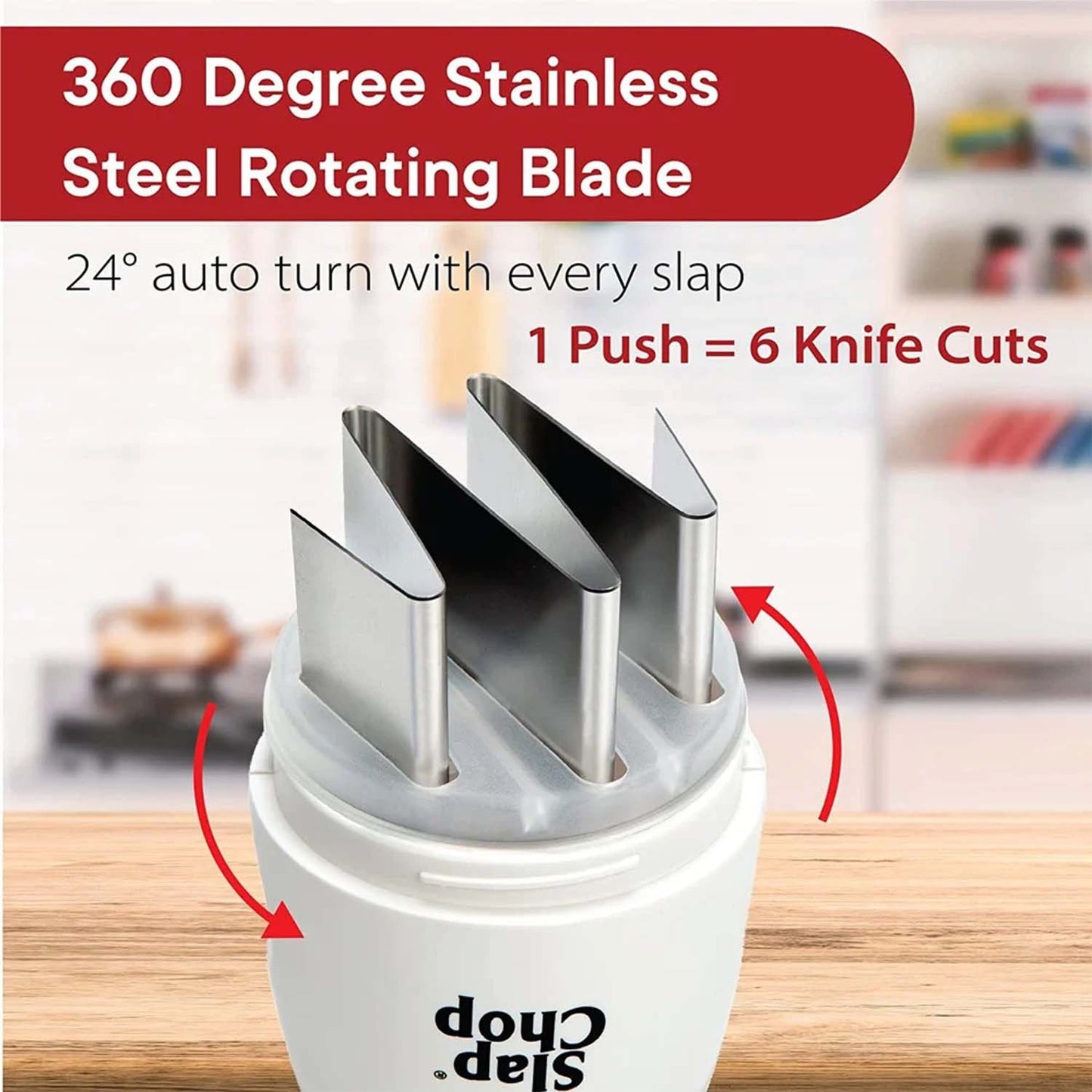 Wukusy Slap Chop hand press vegetable and fruit chopper on kitchen surface with chopped vegetables nearby