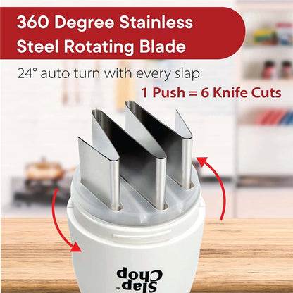 Wukusy Slap Chop hand press vegetable and fruit chopper on kitchen surface with chopped vegetables nearby