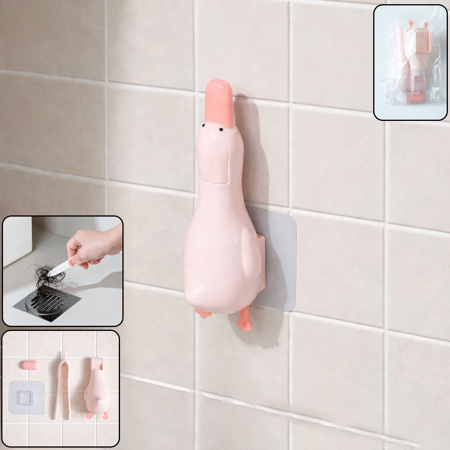 Duck-shaped bathroom hair catcher organizer by Wukusy, featuring a playful design to catch hair in the shower drain.