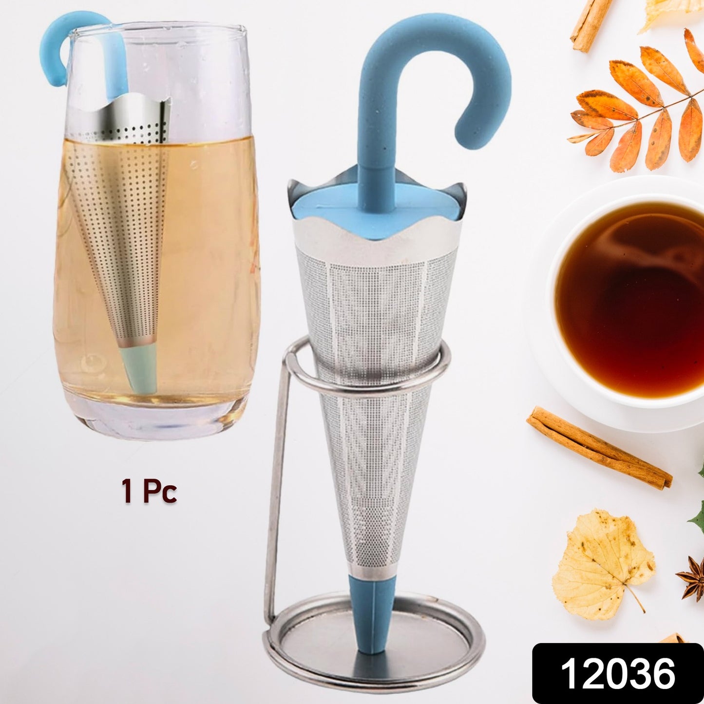 Wukusy reusable cute umbrella tea strainer with matching tray stand for brewing and serving tea in kitchen or home setting
