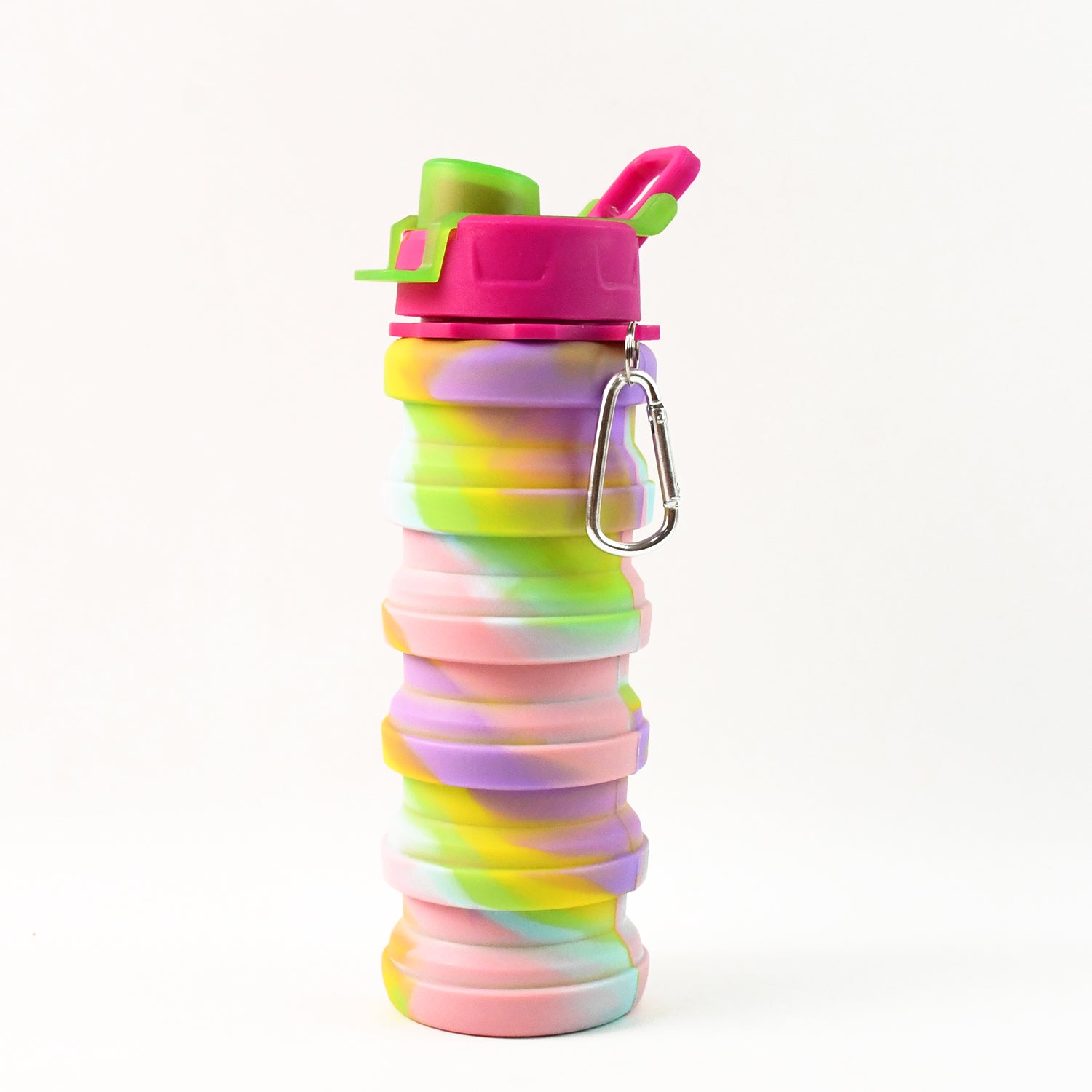 Colorful collapsible silicone water bottle by Wukusy, showing its flexible, vibrant design and compact form for easy hydration on the go.
