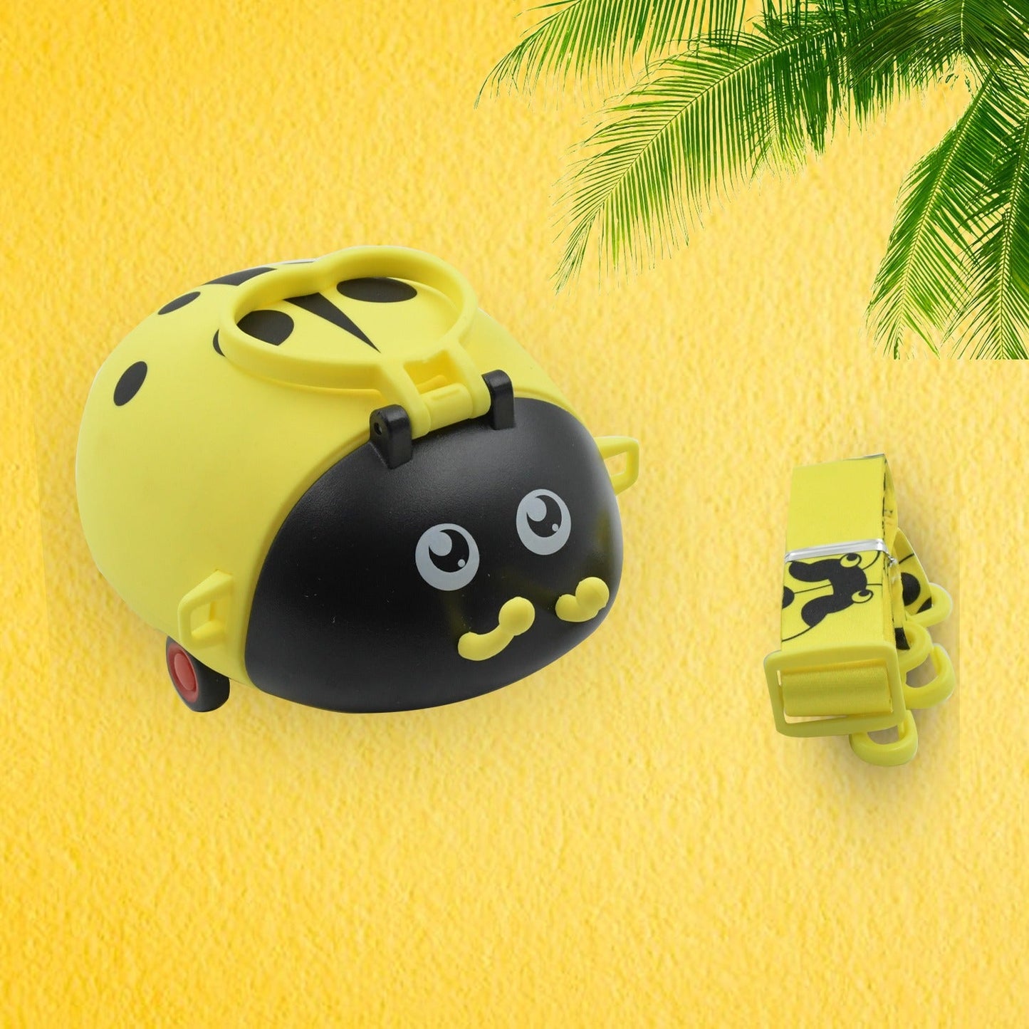 Cute plastic bug-shaped water bottle with adjustable shoulder strap and straw, ideal for kids' school and outdoor use.