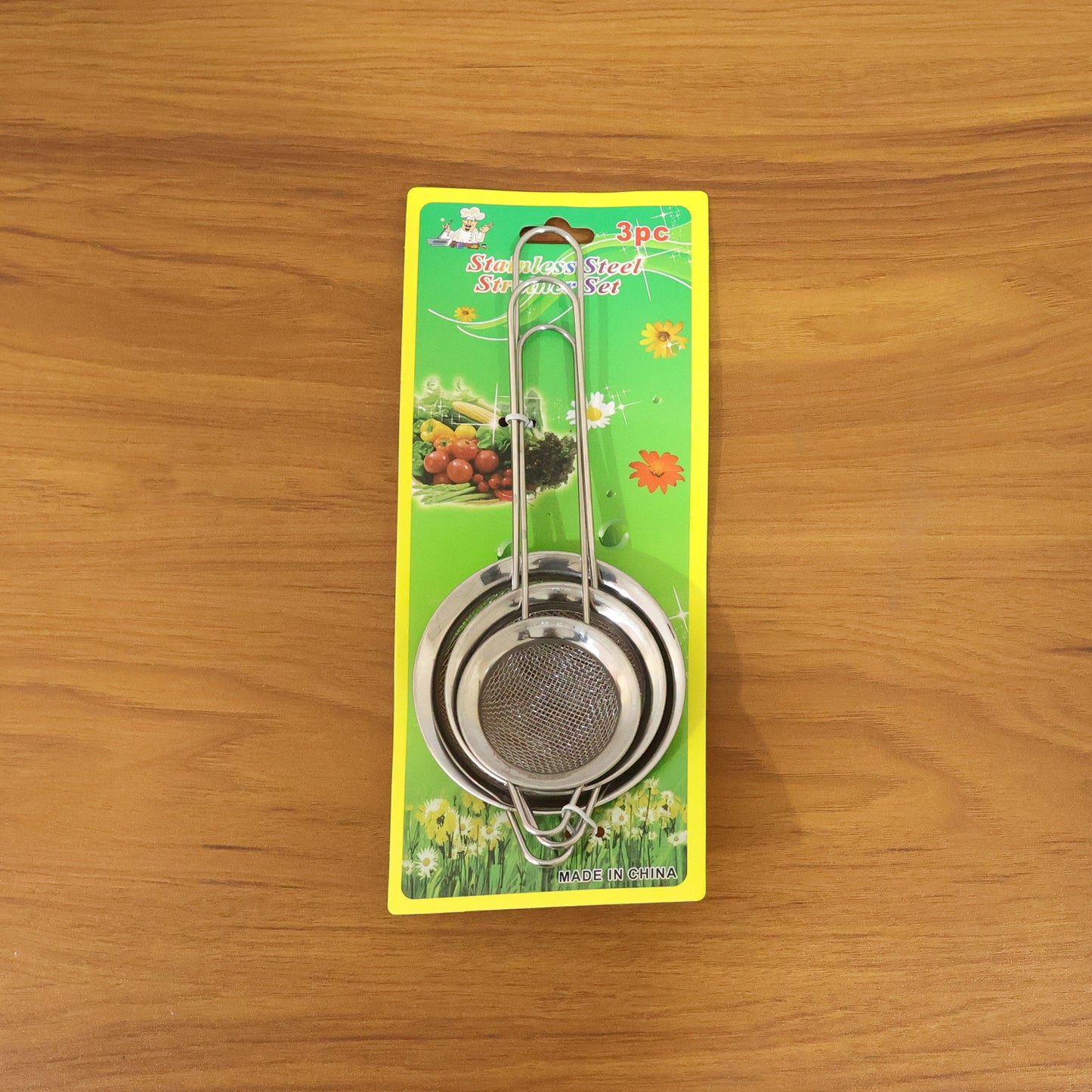 Wukusy stainless steel tea strainer 3-piece set with fine mesh filters for brewing loose leaf tea in a kitchen or teapot.