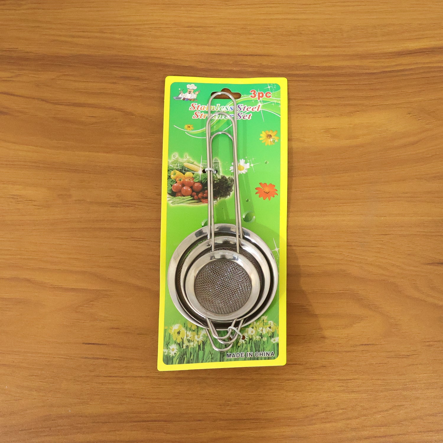 Wukusy stainless steel tea strainer 3-piece set with fine mesh filters for brewing loose leaf tea in a kitchen or teapot.