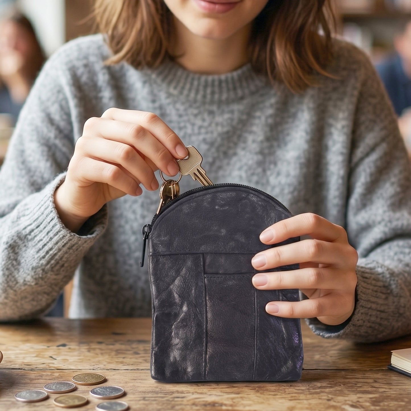 Wukusy leather mini zipper pouch for coins and cards, compact organizer for men and women with a sleek design